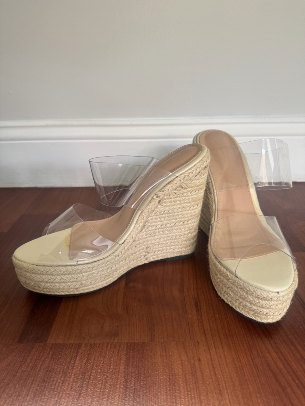 Clear Strap Espadrille Wedge Sandals in Natural